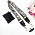 Ethnic embroidered wide phone strap with black pebbled leather multi-zipper coin pouch - Cross Flower Strap + Black Pouch + Gasket