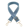 Close-up of chevron woven grey-blue bag strap with shiny silk and gold metal buckles - Lake Blue