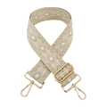 Detail of 5cm wide jacquard strap with silver diamond pattern and gold metal hooks - Silver Clasp / Light Khaki