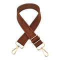 Macro view of brown chevron weave shoulder strap with polished gold-tone metal hardware - Dark Brown