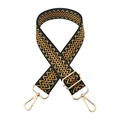 Detail of adjustable woven bag strap with geometric wave pattern and gold metal hooks - Black with Yellow Floral