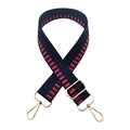Detail of adjustable blue and red woven bag strap with gold metal hardware and lobster clasps - Blue Black Brick Red
