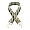 Detail of adjustable green and beige striped woven bag strap with gold metal lobster clasps - Matcha Green