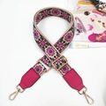 Detail of bohemian embroidery purse strap with pink floral jacquard and gold metal hooks - Gunmetal Buckle / Fuchsia & Fuchsia