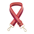 Close-up of red, white, and blue striped woven shoulder strap with gold metal hooks - Red Beige White Blue