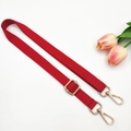 Detail of red cotton bag strap with golden adjustable metal buckle and lobster hooks - Gold Buckle / Red