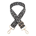 Adjustable black white grey geometric diamond pattern guitar style wide bag strap with gold hooks - Gold Buckle / 1-Black & White + Silver Silk