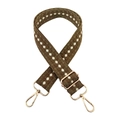 Detail of a thick woven strap with brown pattern and gold metal hardware clips - Style A Coffee