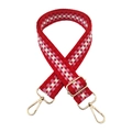 Detail of adjustable woven bag strap with red, white and pink patterns and gold hooks - Style B Red