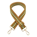 Detail view of woven bag strap with green and brown geometric patterns and gold clips - Style B Brown
