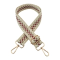 Close-up of a wide woven bag strap with geometric dots and gold metal hardware - Style A Beige Purple Red