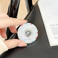 Detail of magnetic heart rhinestone phone grip with iridescent pearl finish and colorful dots - Transparent Stand - Sweetheart / Gray