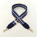 Close-up of adjustable striped bag strap with navy leather ends and gold metal hooks - Blue Striped + Blue Leather