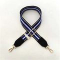 Detail of adjustable wide striped shoulder strap with gold metal hooks and leather ends - Blue Striped + Black Leather