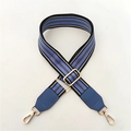 Close-up of adjustable striped woven strap with blue leather trim and gold metal hooks - Lake Blue Striped + Lake Blue Leather
