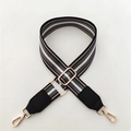 Detail of adjustable striped nylon bag strap with golden metal swivel lobster clasps - Grey Striped + Black Leather