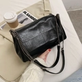 Minimalist black PU leather crossbody bag with quilted stitching and retro chain strap - Black