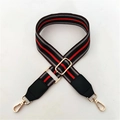 Adjustable striped nylon bag strap with golden metal hardware and leather connectors - Green Striped Brown Edge + Green Leather