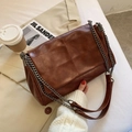 Brown vintage faux leather crossbody bag with square quilted pattern and chain strap - Coffee
