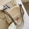 Quilted beige PU leather flap bag with dark gunmetal chain strap in minimalist style - Beige