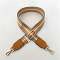 Detail of adjustable striped bag strap with gold metal hooks and yellow leather ends - Yellow Striped + Yellow Leather