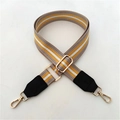 Detail of adjustable woven shoulder strap with yellow stripes and gold metal buckles - Yellow Striped + Black Leather