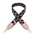 Detail of adjustable bag strap with blue and pink zigzag patterns and gold metal clips - Black & Pink Strap + Pink Leather