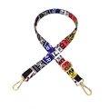 Close-up of colorful ethnic 2.5cm shoulder strap with gold metal lobster clasps - Graffiti Letters