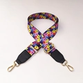 Close-up of floral wide bag strap with golden metal hooks and black leather ends - No.2 + Black Leather Trim