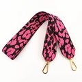Detailed view of pink leopard print wide shoulder strap with gold lobster clasps - Rose Red