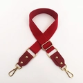 Detail of wide red fabric bag strap with adjustable gold buckles and lobster clasps - Silver Clasp / Burgundy