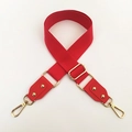 Macro view of adjustable red canvas shoulder strap with luxury gold metal hardware - Silver Clasp / Red