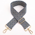 Close-up of ethnic geometric embroidered bag strap with golden metal lobster clasps - Blue