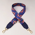 Detail of adjustable colorful woven strap with blue leather ends and gold metal hooks - No.7 + Dark Blue Leather Trim