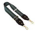 Adjustable wide shoulder strap with green and black geometric V-pattern and gold hooks - Green + Black Leather Trim