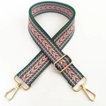 Dettaglio tracolla jacquard etnica da 3,8 cm con moschettoni dorati per borsa donna - Motivo Geometrico Verde Bosco Arancio (#3) / Hardware Argentato