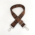 Detail of retro woven shoulder strap with black and caramel geometric diamond patterns - Light Brown with Silver Buckle