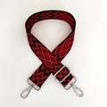 Close-up of retro geometric red and black woven bag strap with silver metal buckles - Red Black with Silver Buckle
