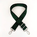 Close-up of geometric jacquard shoulder strap with silver metal lobster clasps and slider - Green Black with Silver Buckle