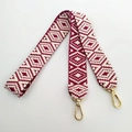 Detail of bohemian geometric woven strap in burgundy and cream with gold alloy hooks - Long Style / Fuschia