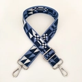 Detail of blue geometric woven bag strap with silver metal swivel hooks and adjuster - Blue White Silver Buckle