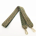 Close-up of ethnic geometric jacquard bag strap with gold metal snap hooks - Long Style / Dark Green