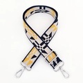 Close-up of geometric jacquard wide shoulder strap with silver metal buckle and lobster clasp - Navy Blue Silver Buckle