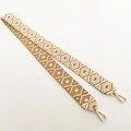 Detail of ethnic geometric woven bag strap with premium gold metal swivel clasps - Short Style / Tan