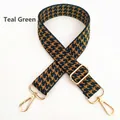 Detail of adjustable green and mustard houndstooth bag strap with gold metal hooks - Post Green