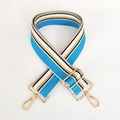 Details des verstellbaren breiten Taschenriemens mit hellblauen Streifen und Goldhaken - Hellblau