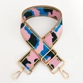 Close-up of pink and blue woven bag strap with gold threads and metal lobster clasps - Gold Wire No.3