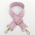 Detail of pink ethnic paisley embroidered bag strap with gold adjustable metal buckles - No.4 Pink Purple