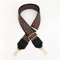 Detailed view of floral embroidery and golden metal swivel hooks on ethnic bag strap - No.1 Purple Flower + Black Leather