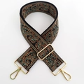 Detail of vintage paisley embroidered guitar strap with premium gold hardware buckles - No.12 Brown Green